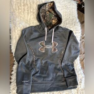 Under Armour Charcoal Gray Hoodie with Camo Logo & Lined Hood